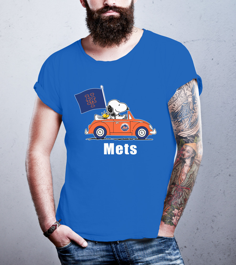 Mets Snoopy Driving With Woodstock And Flag T-Shirt