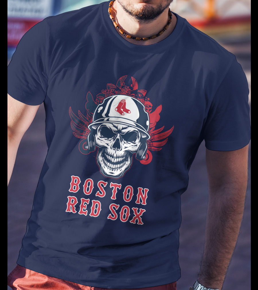 Boston Red Sox Skull With Baseball Helmet And Wings T-Shirt