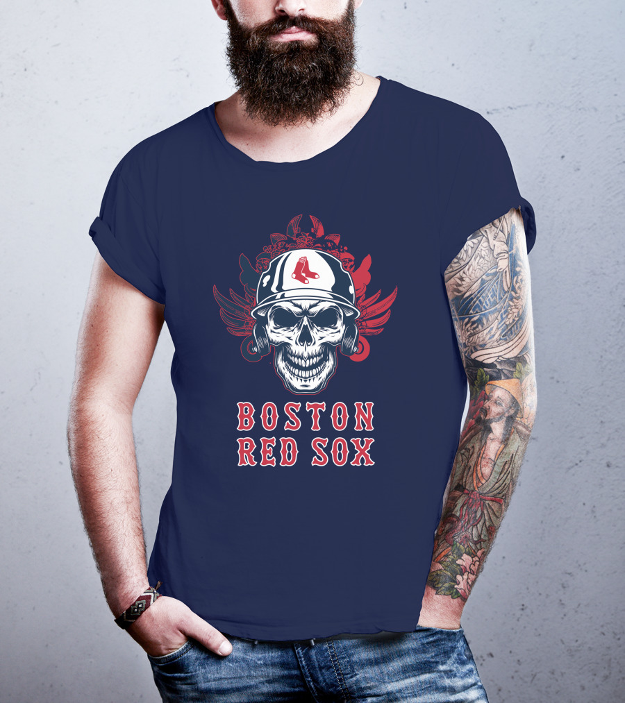 Boston Red Sox Skull With Baseball Helmet And Wings T-Shirt