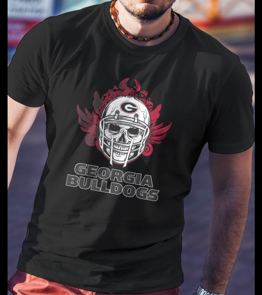 Georgia Bulldogs Skull Football Helmet With Red Wings T-Shirt