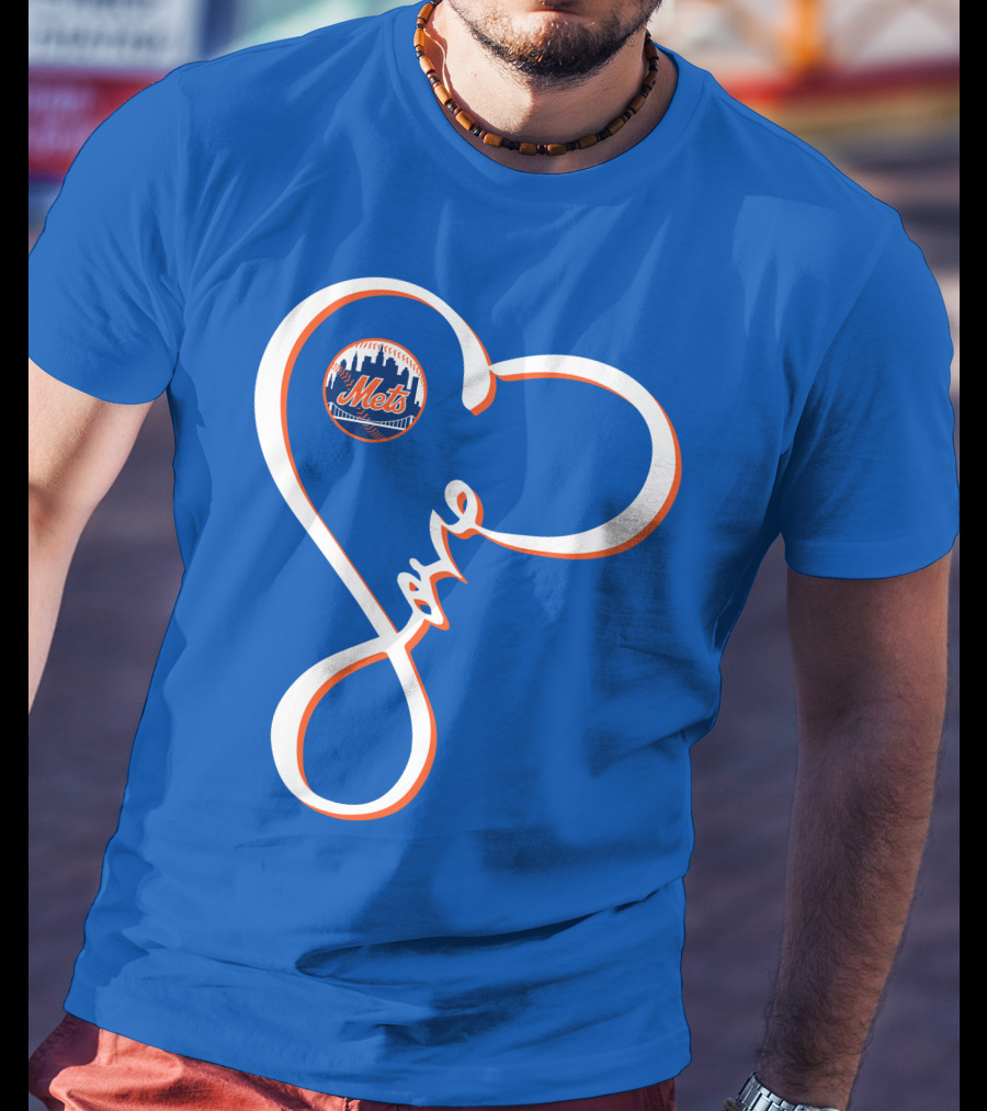 New York Mets Love Script With Heart Outline T-Shirt