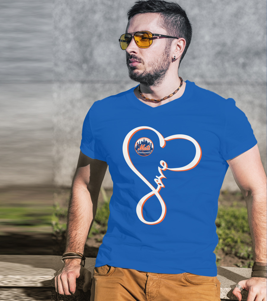 New York Mets Love Script With Heart Outline T-Shirt