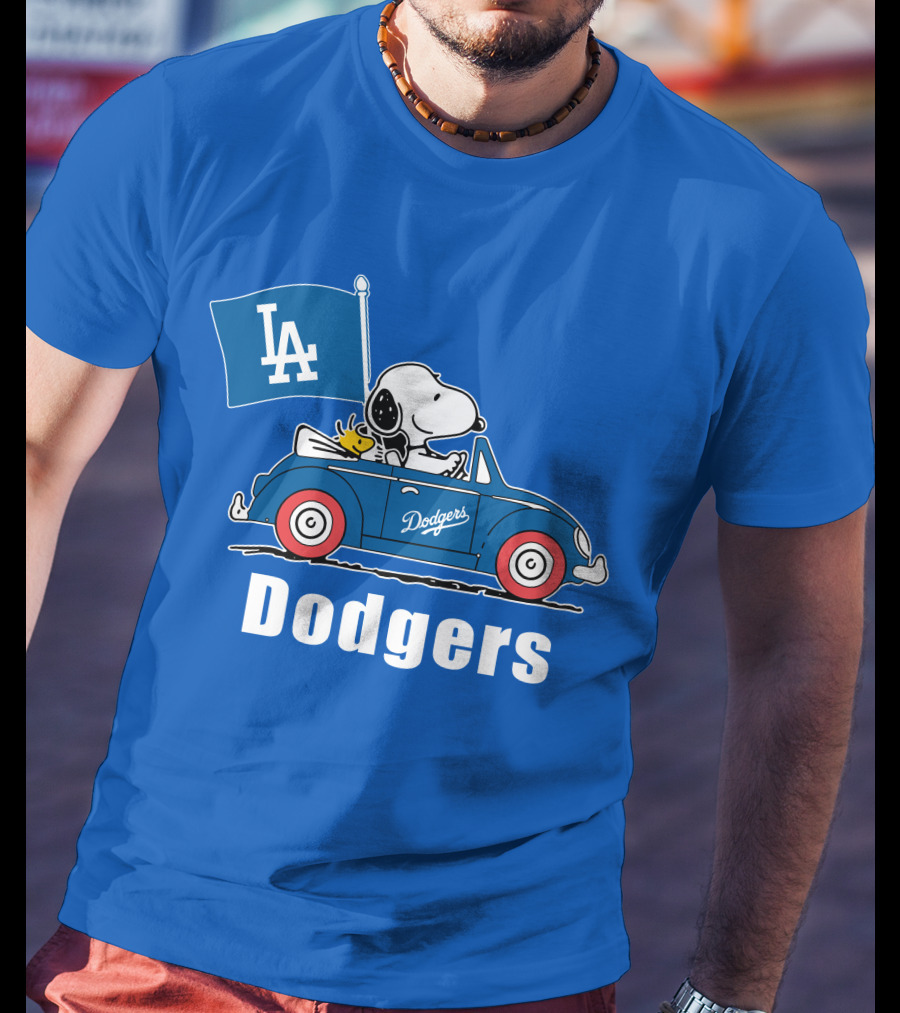 Dodgers Snoopy Woodstock Driving Car LA Flag T-Shirt