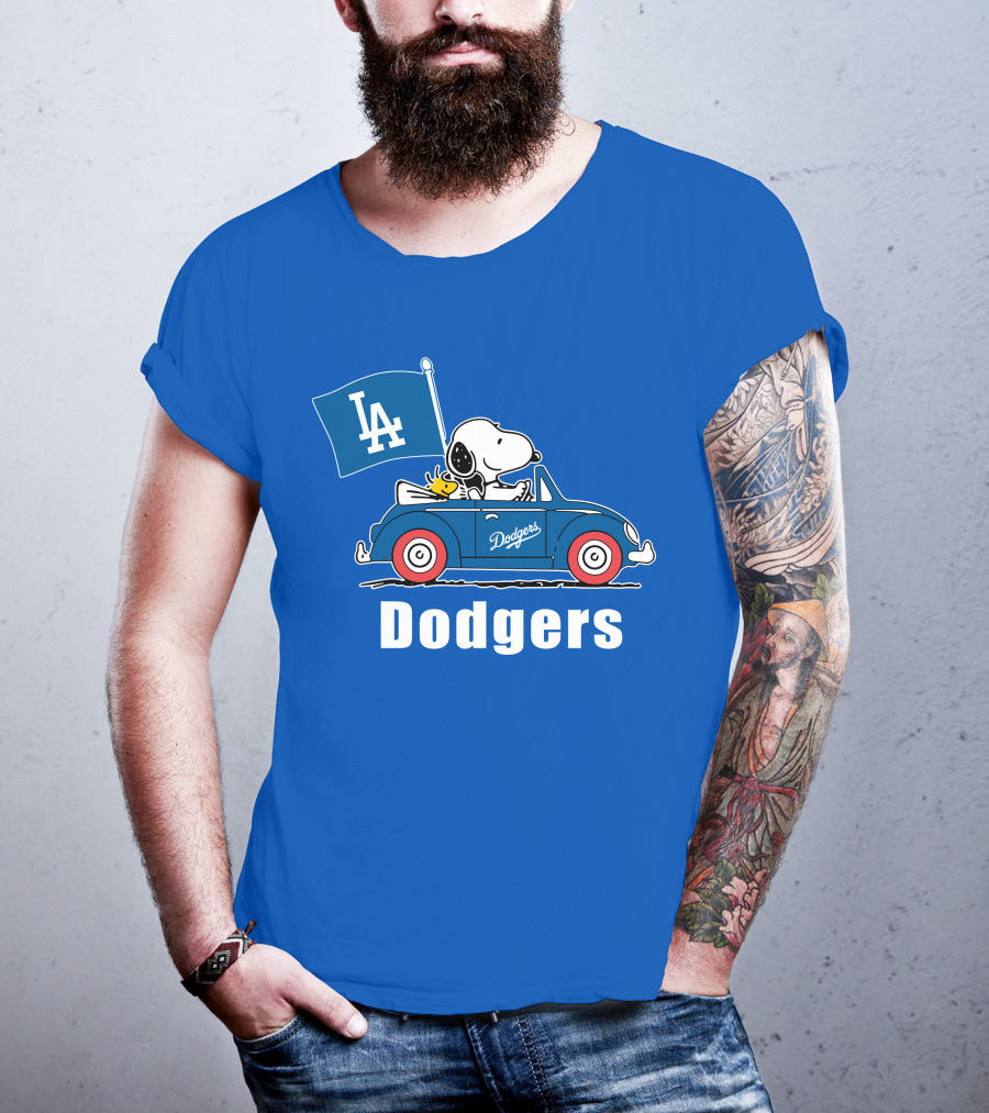 Dodgers Snoopy Woodstock Driving Car LA Flag T-Shirt