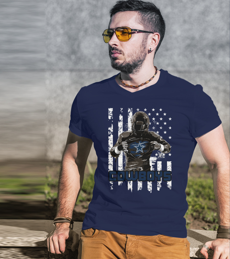 Cowboys Star Emblem On Player American Flag Background T-Shirt