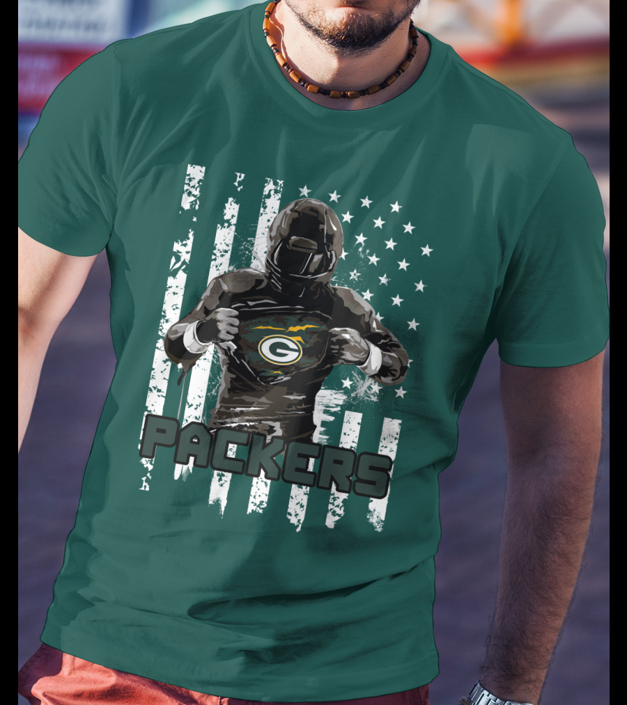 Packers Player With Flag Background And Green Bay T-Shirt