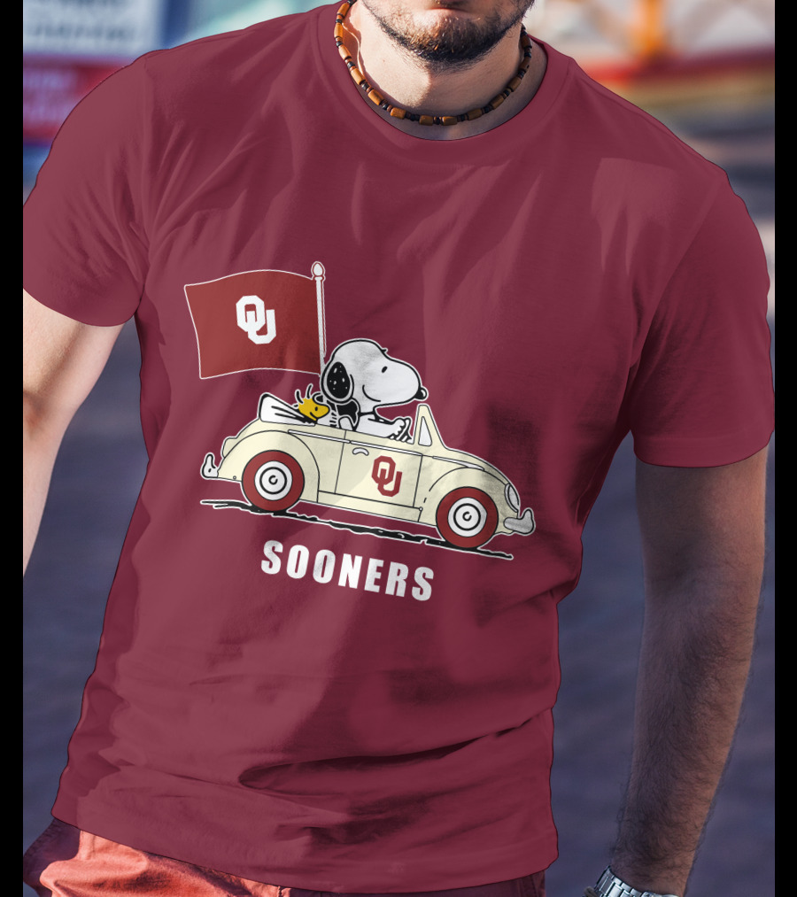 Snoopy Driving Oklahoma Sooners OU Flag Retro Car T-Shirt