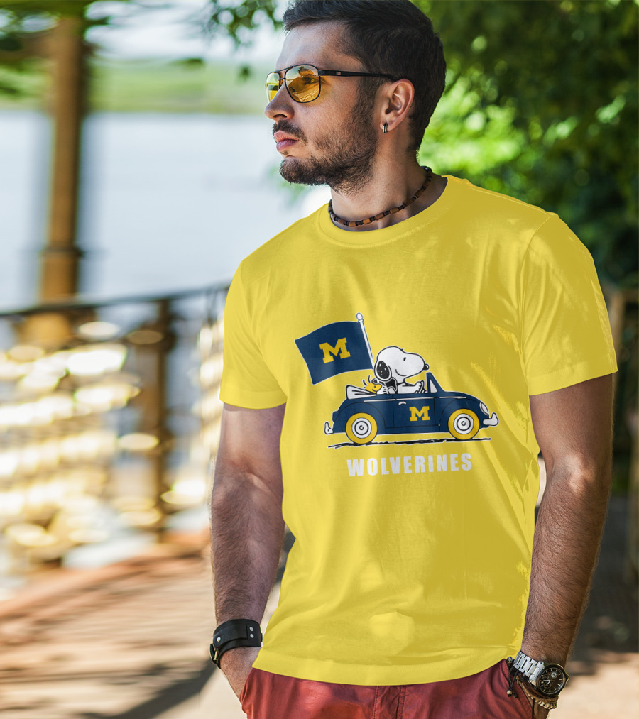 Michigan Wolverines Snoopy Driving With Flag T-Shirt