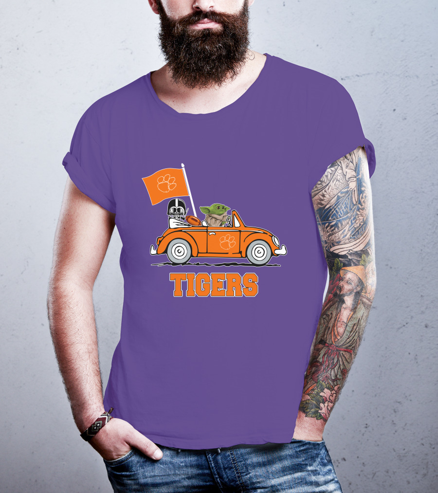 Clemson Tigers Darth Vader Baby Yoda Driving Star Wars Football Car T-Shirt