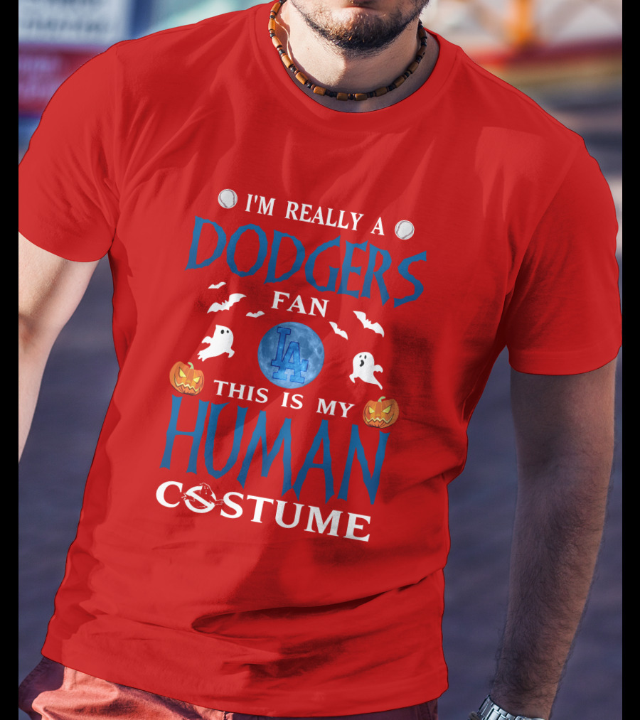 Los Angeles Dodgers Fan Halloween Human Costume Theme With Ghosts And Pumpkins T-Shirt