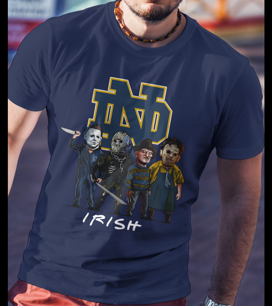 Notre Dame Fighting Irish Halloween With Famous Horror Slasher Characters T-Shirt