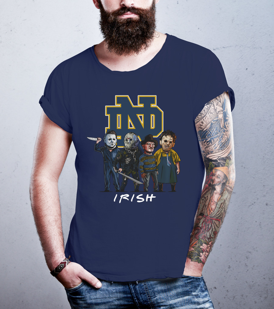 Notre Dame Fighting Irish Halloween With Famous Horror Slasher Characters T-Shirt
