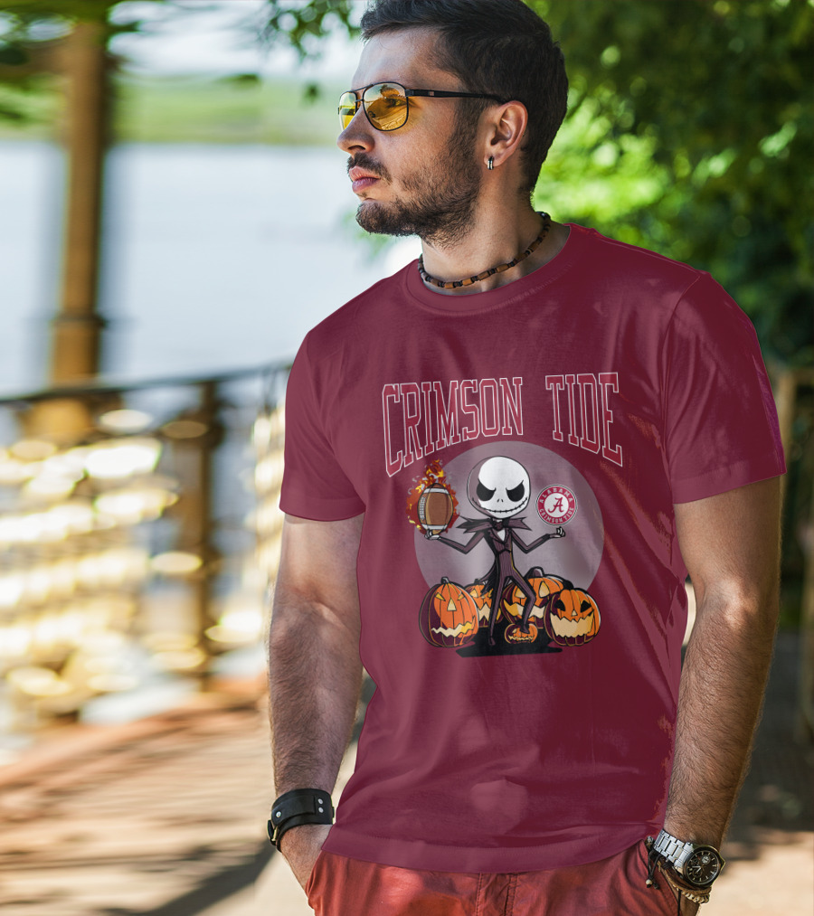 Crimson Tide Alabama Jack Skellington Halloween Football Pumpkins T-Shirt