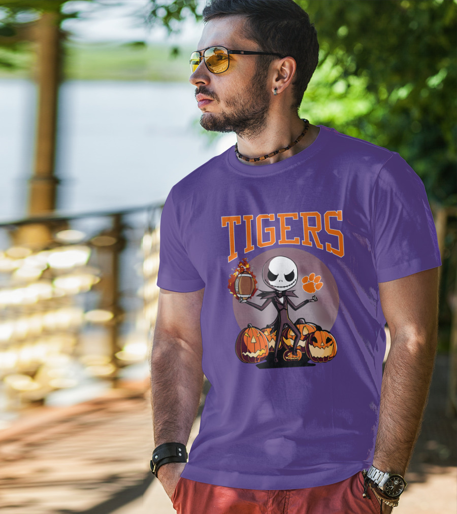 Tigers Jack Skellington Clemson Halloween Football And Pumpkins T-Shirt
