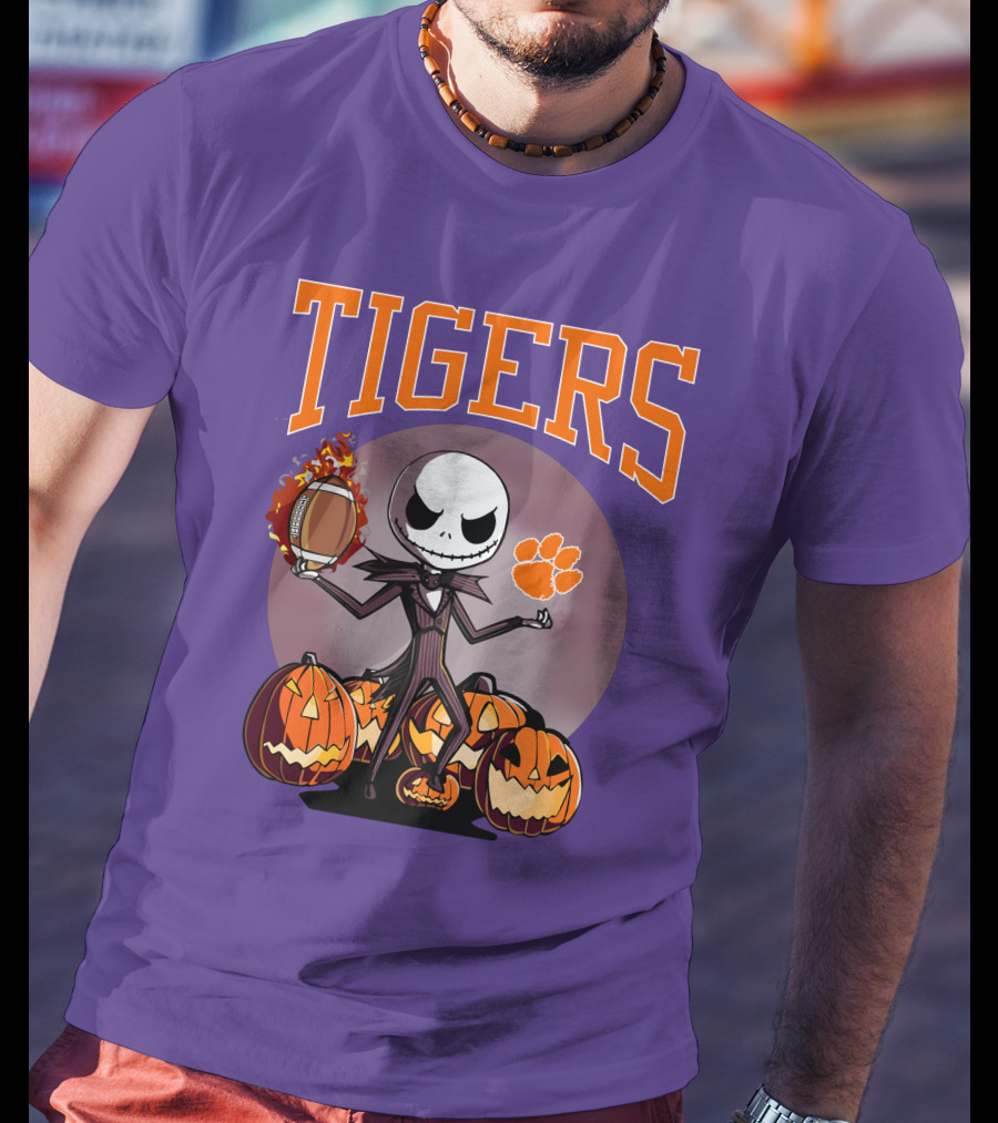 Tigers Jack Skellington Clemson Halloween Football And Pumpkins T-Shirt