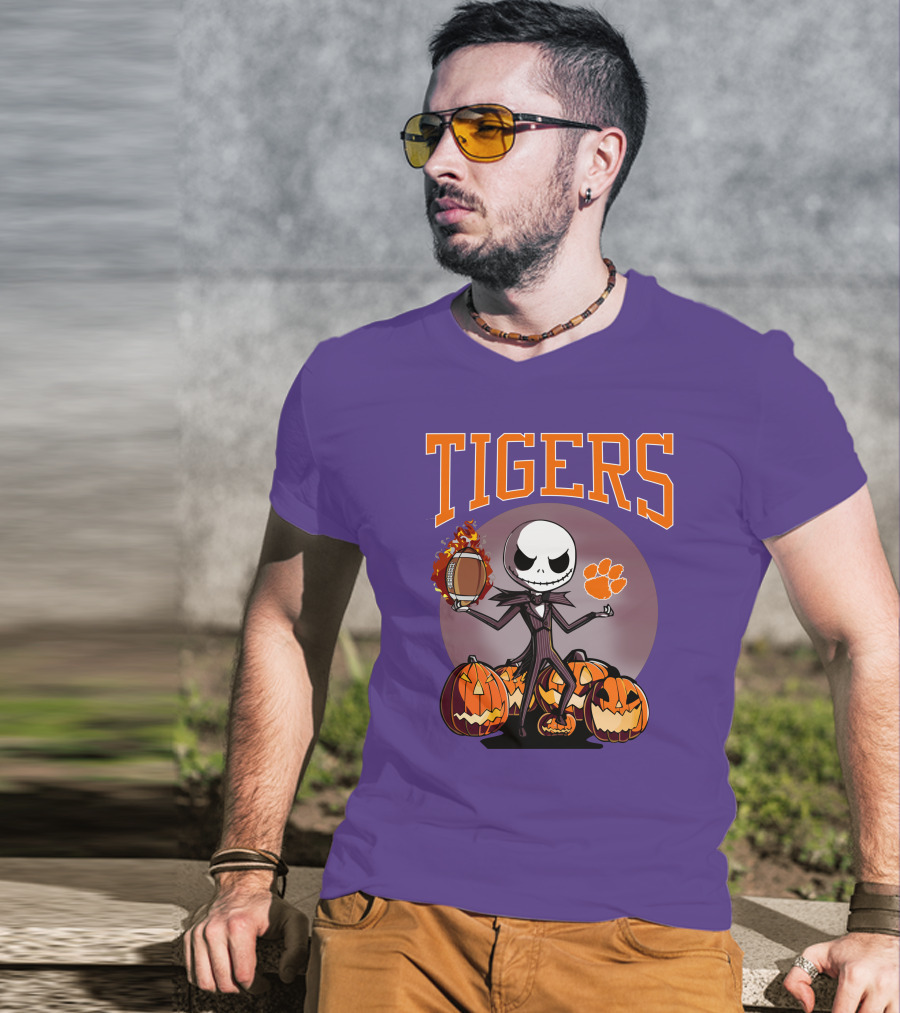Tigers Jack Skellington Clemson Halloween Football And Pumpkins T-Shirt