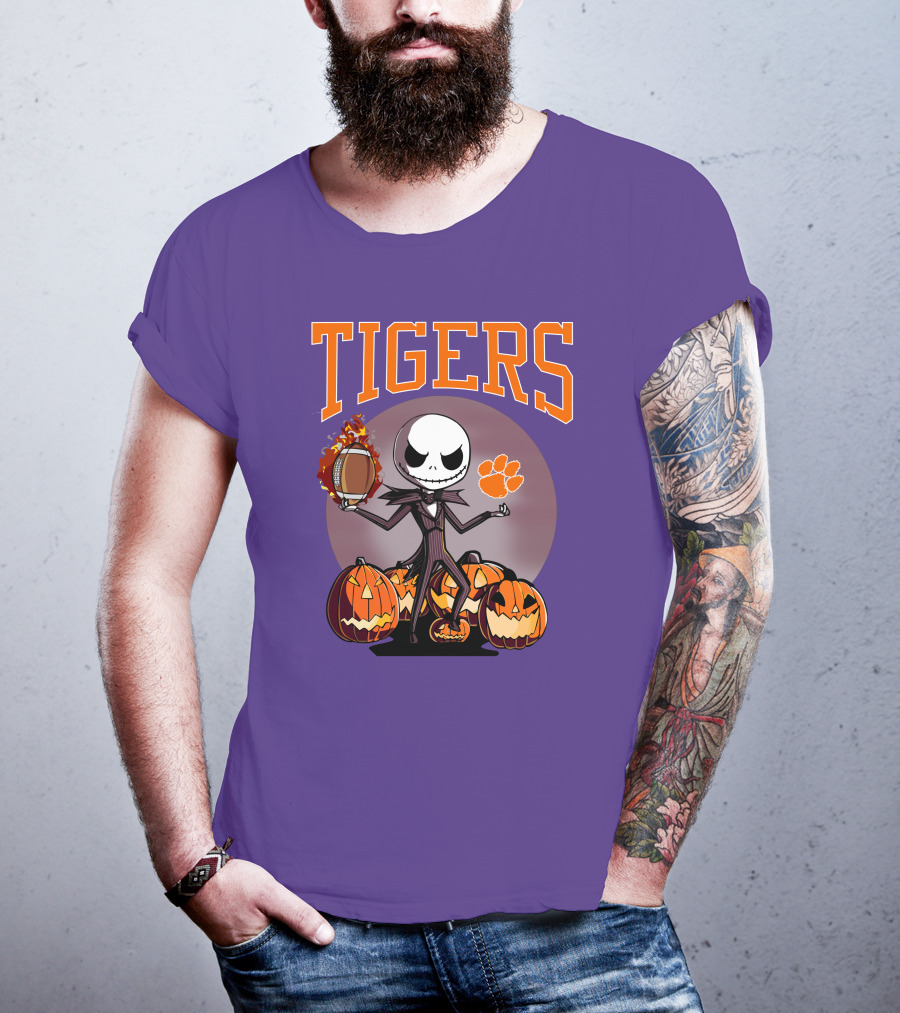 Tigers Jack Skellington Clemson Halloween Football And Pumpkins T-Shirt