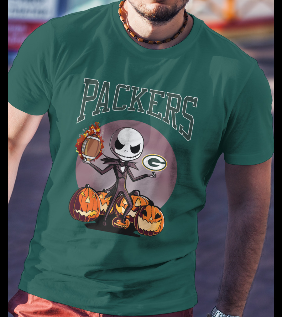 Packers Green Bay Jack Skellington Halloween Football Pumpkins T-Shirt