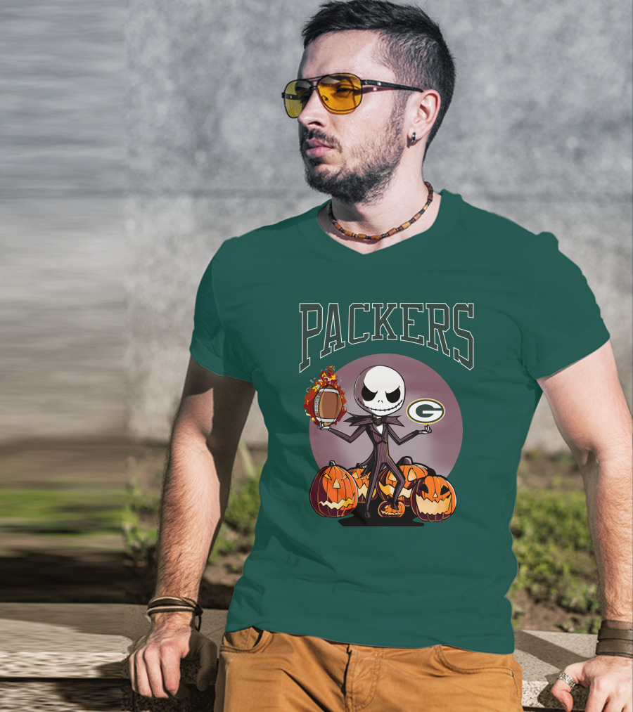 Packers Green Bay Jack Skellington Halloween Football Pumpkins T-Shirt