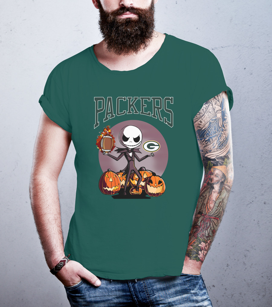 Packers Green Bay Jack Skellington Halloween Football Pumpkins T-Shirt