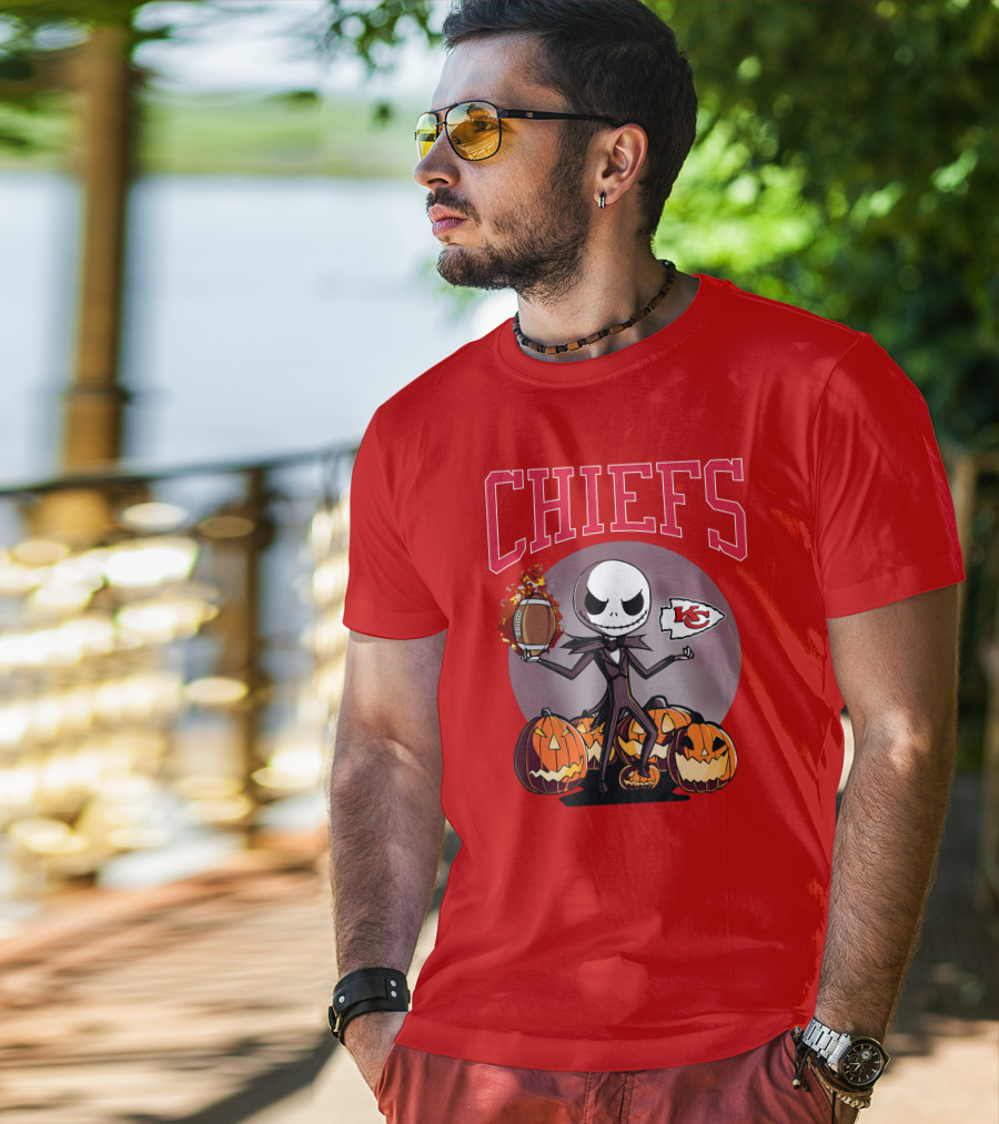 Kansas City Chiefs Jack Skellington Halloween Football Pumpkins T-Shirt