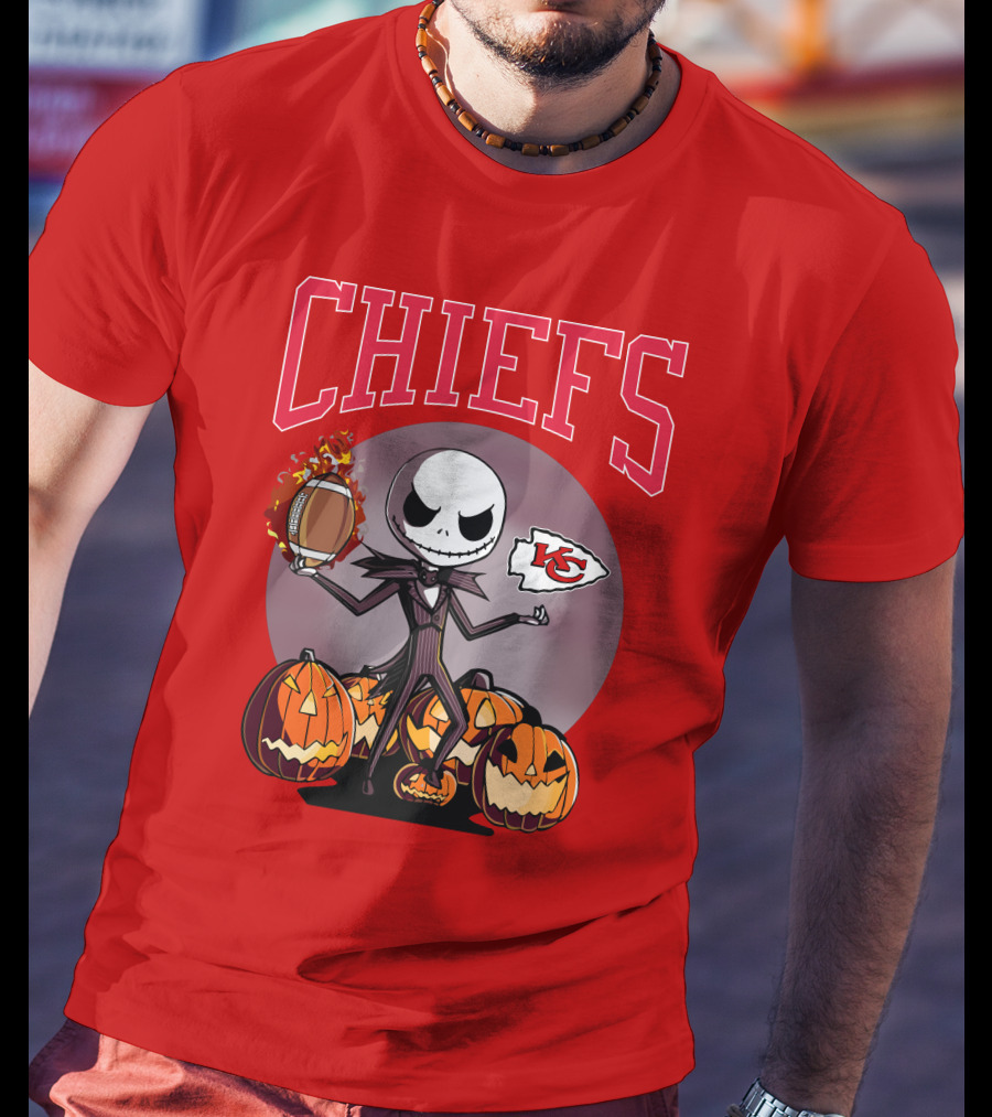 Kansas City Chiefs Jack Skellington Halloween Football Pumpkins T-Shirt