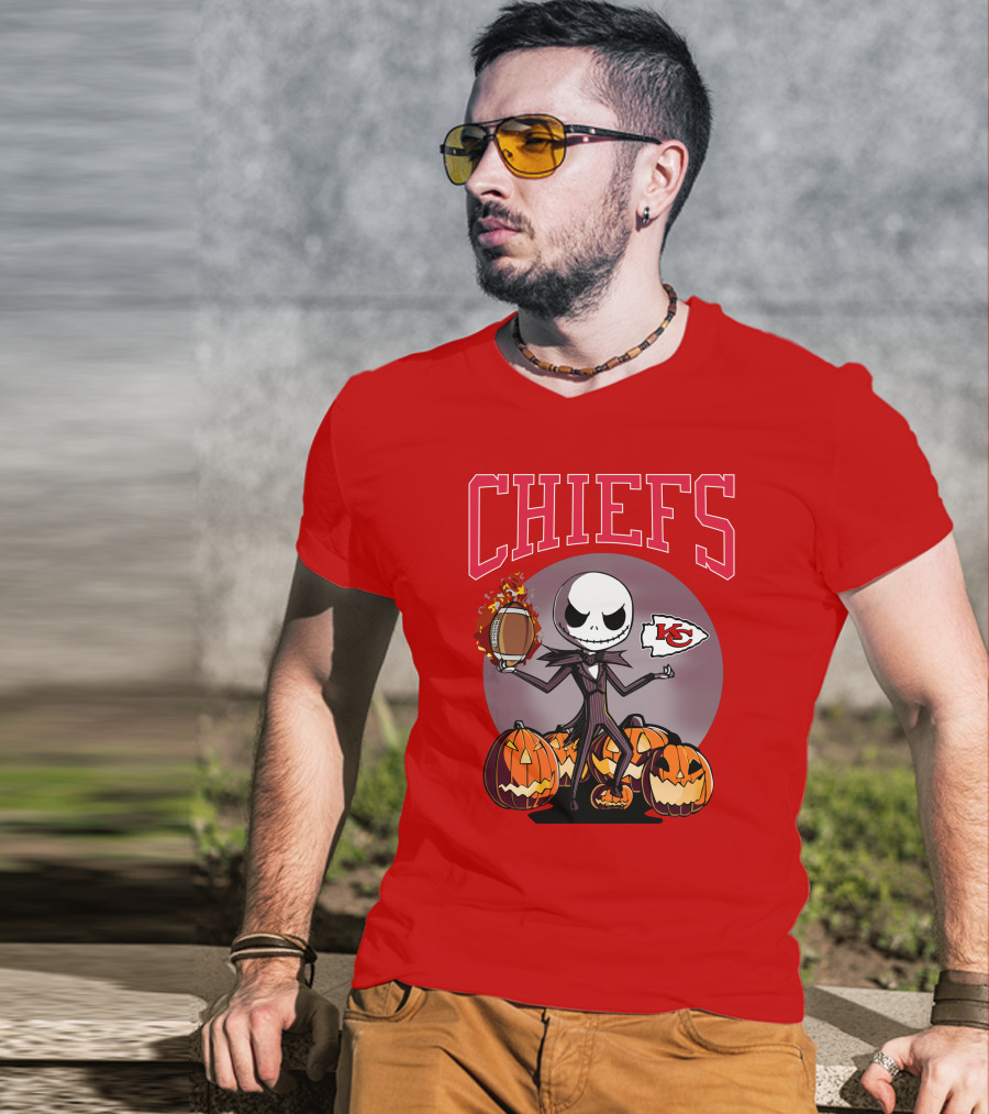 Kansas City Chiefs Jack Skellington Halloween Football Pumpkins T-Shirt