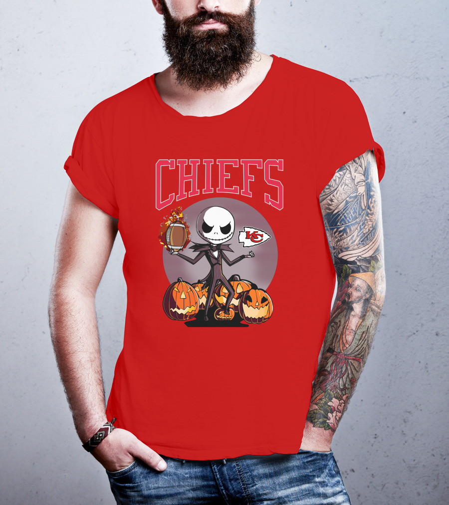 Kansas City Chiefs Jack Skellington Halloween Football Pumpkins T-Shirt