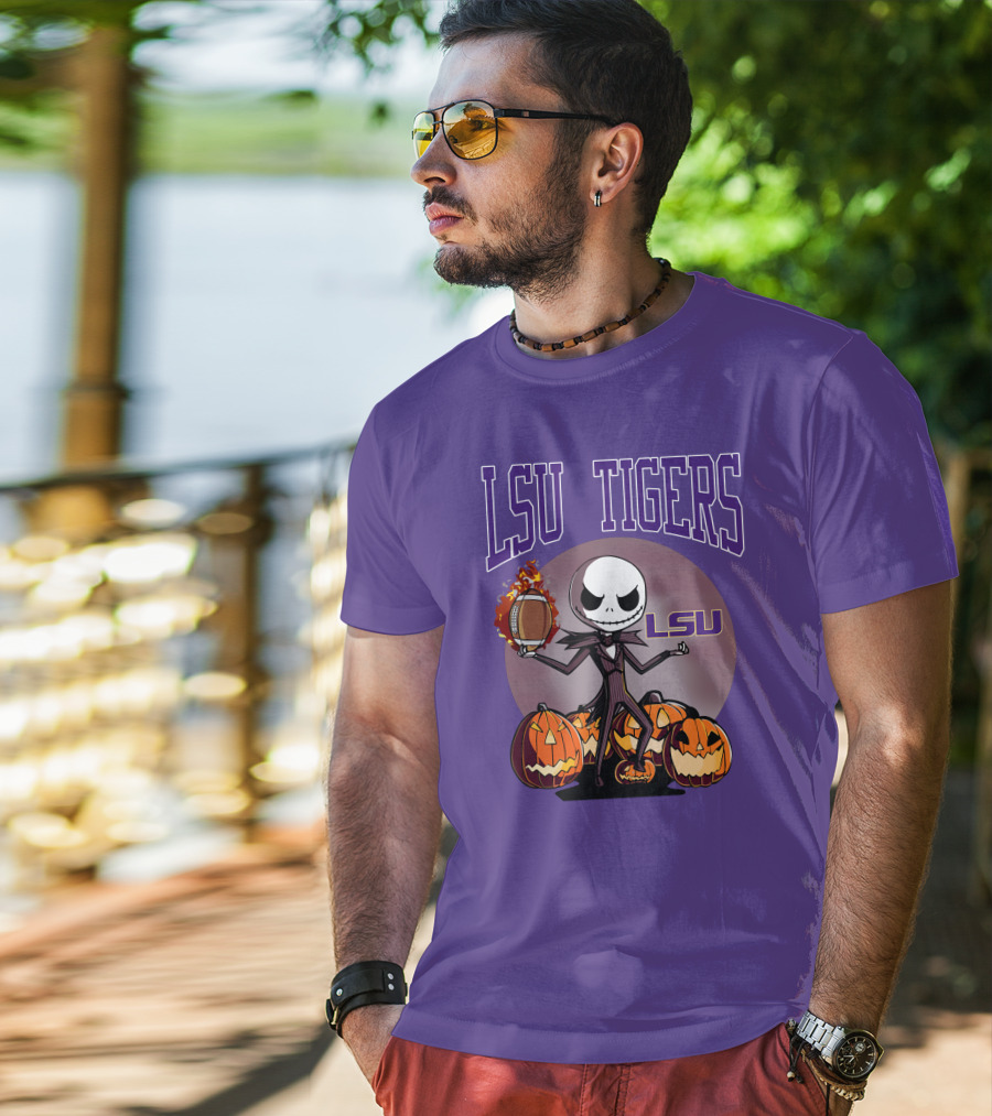 LSU Tigers Jack Skellington Halloween Football Pumpkins T-Shirt