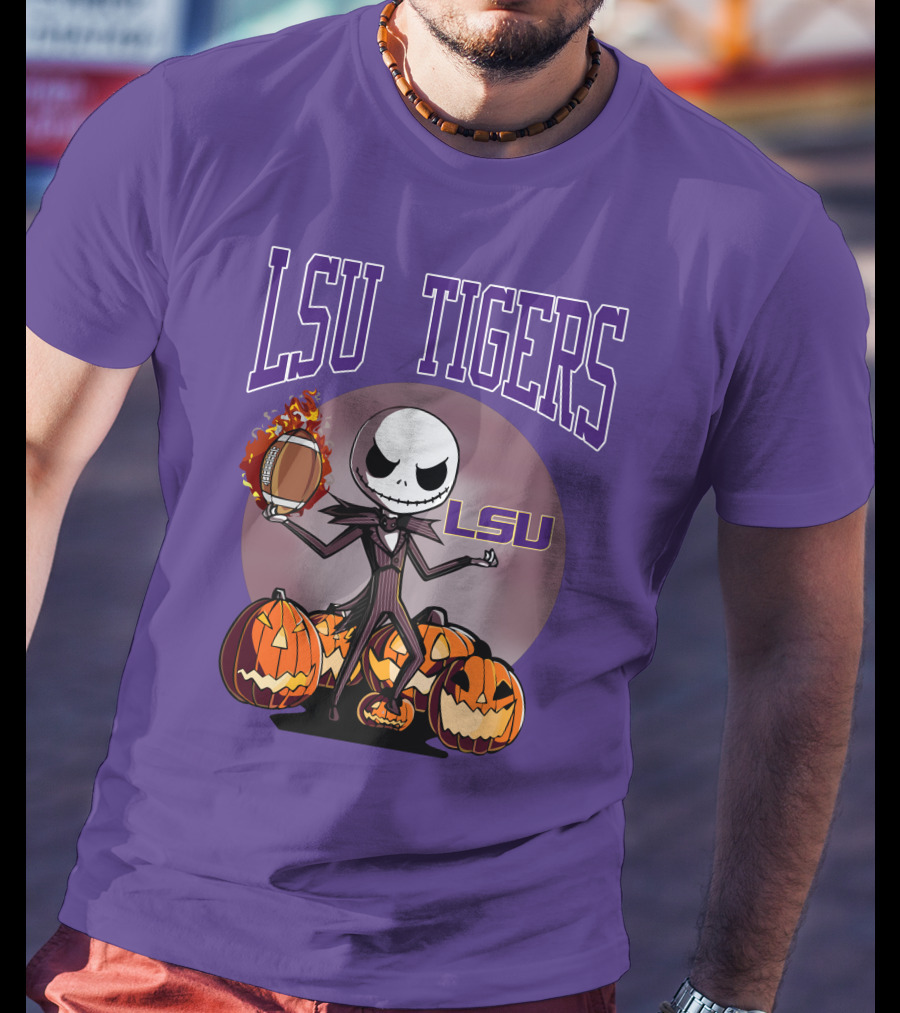 LSU Tigers Jack Skellington Halloween Football Pumpkins T-Shirt