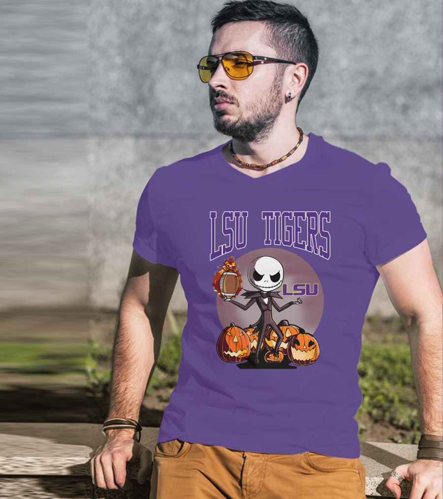 LSU Tigers Jack Skellington Halloween Football Pumpkins T-Shirt