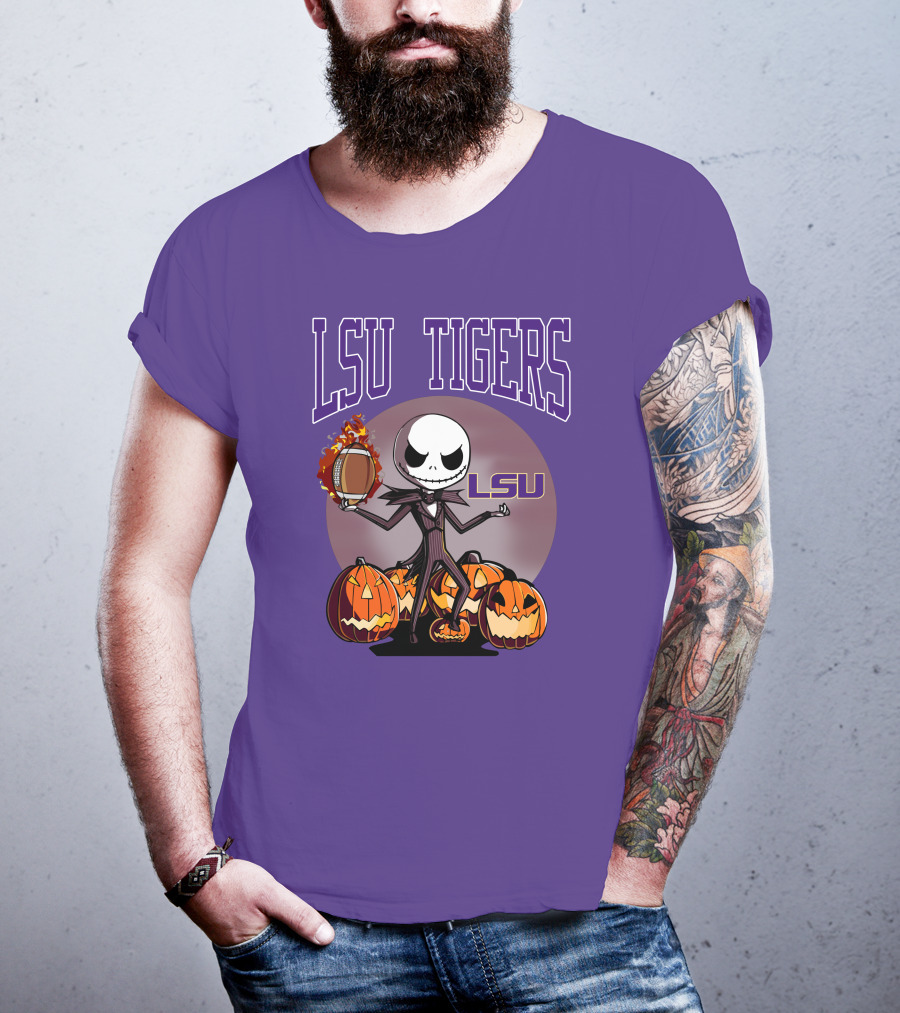 LSU Tigers Jack Skellington Halloween Football Pumpkins T-Shirt