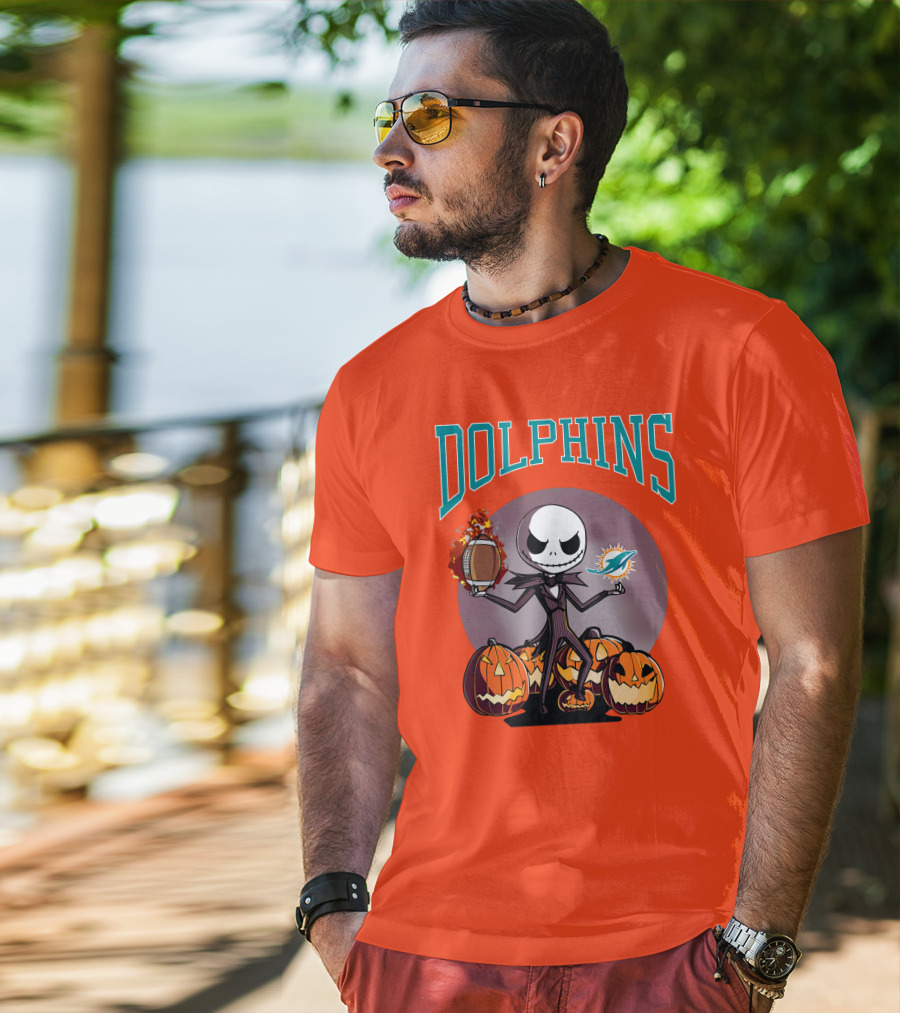 Dolphins Jack Skellington Halloween Miami Football Pumpkins T-Shirt