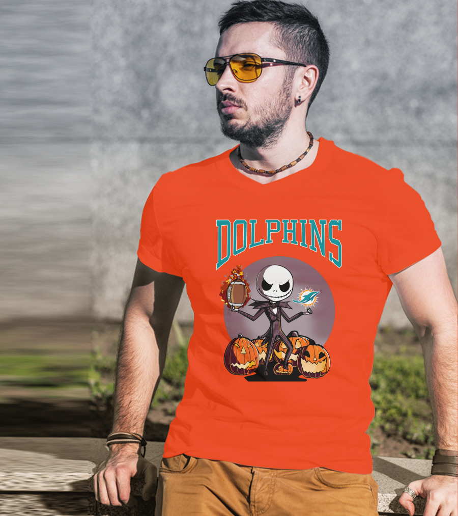 Dolphins Jack Skellington Halloween Miami Football Pumpkins T-Shirt