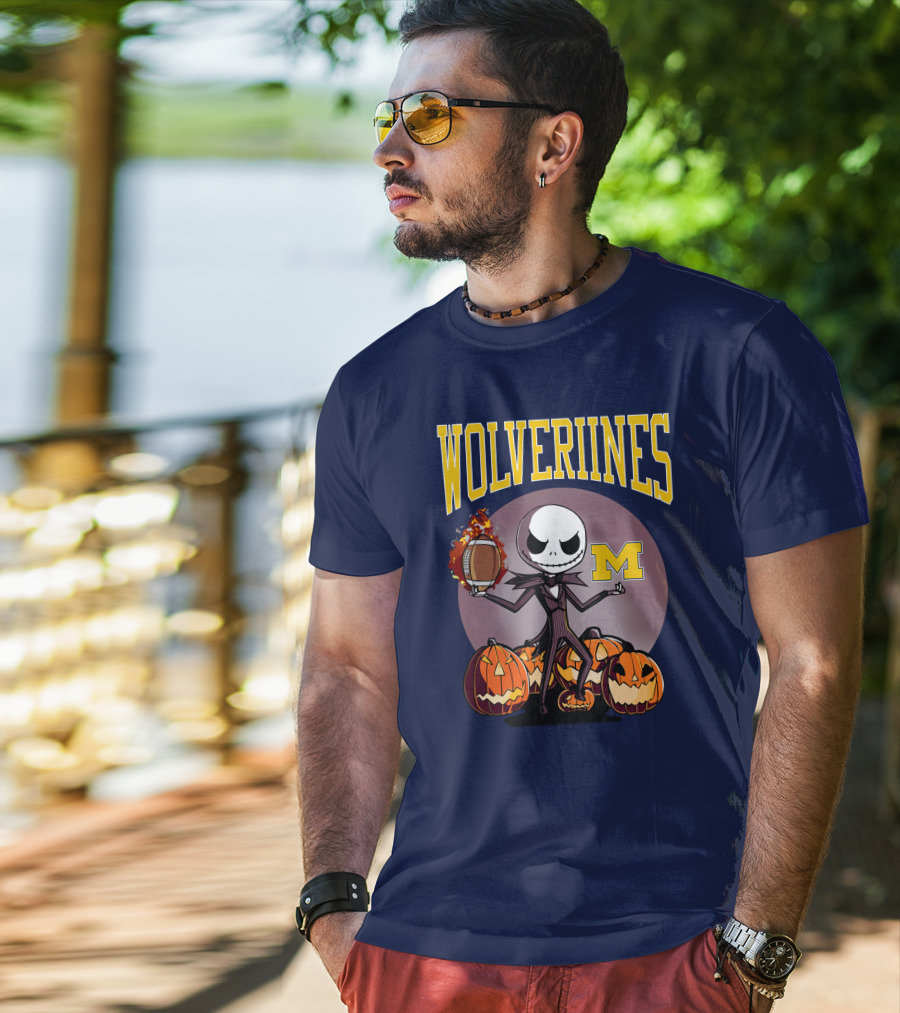 Michigan Wolverines Halloween Jack Skellington Football Pumpkins T-Shirt