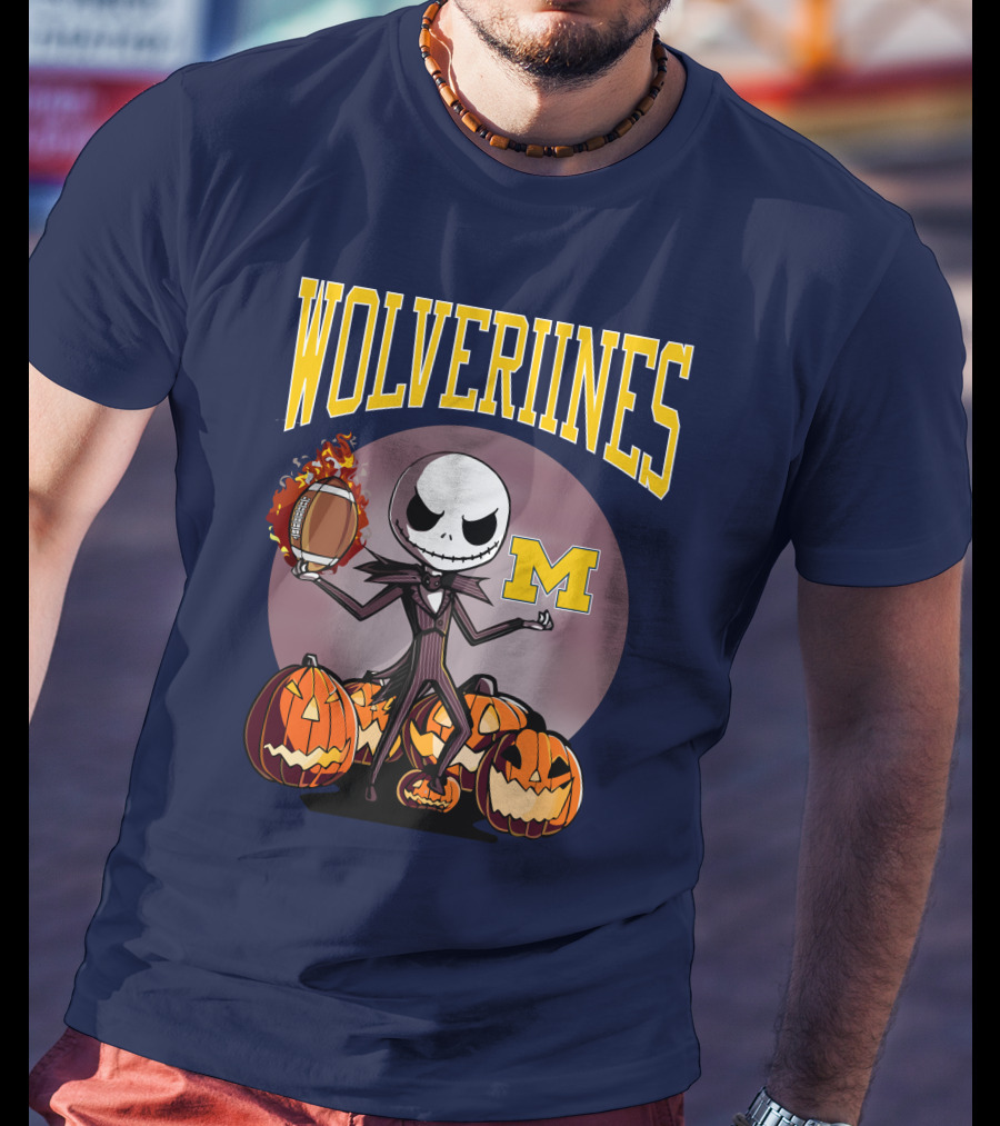 Michigan Wolverines Halloween Jack Skellington Football Pumpkins T-Shirt
