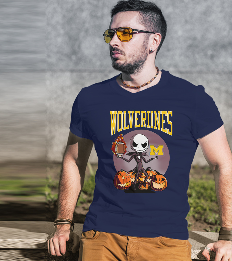 Michigan Wolverines Halloween Jack Skellington Football Pumpkins T-Shirt