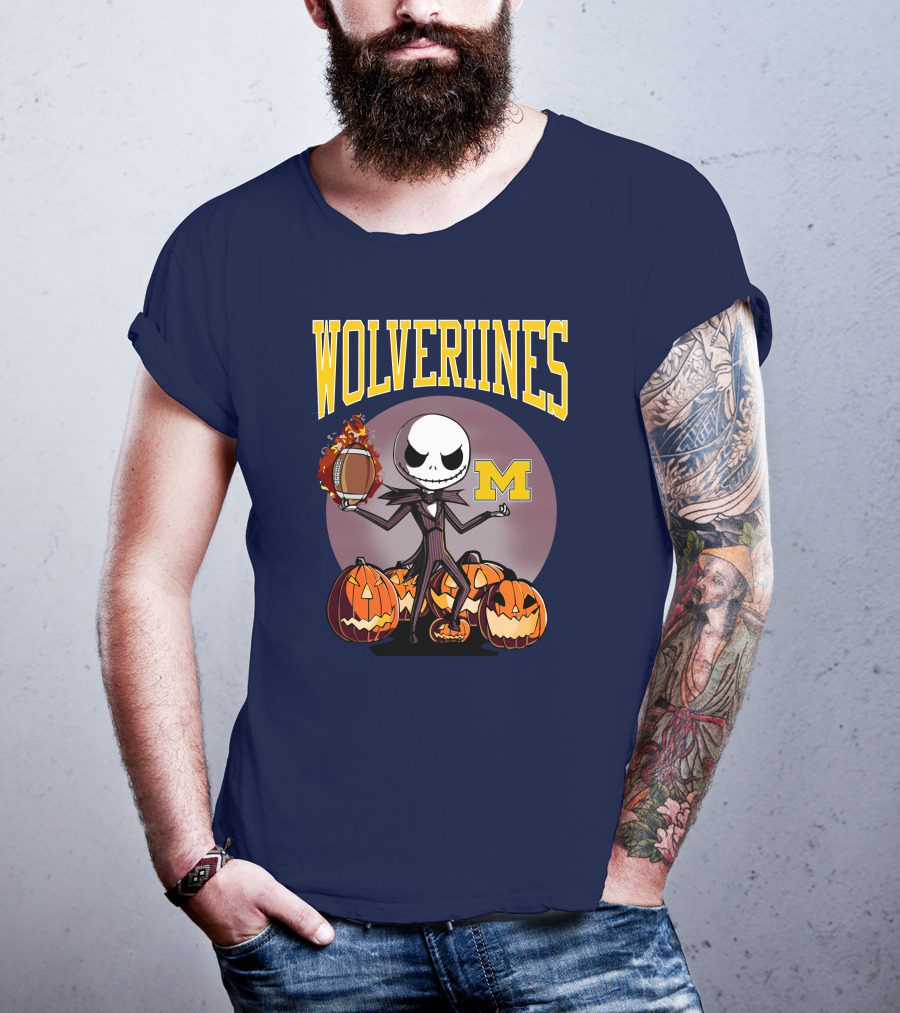 Michigan Wolverines Halloween Jack Skellington Football Pumpkins T-Shirt
