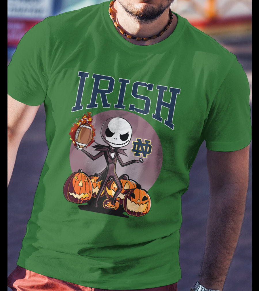 Irish Notre Dame Jack Skellington Halloween Football Pumpkins T-Shirt