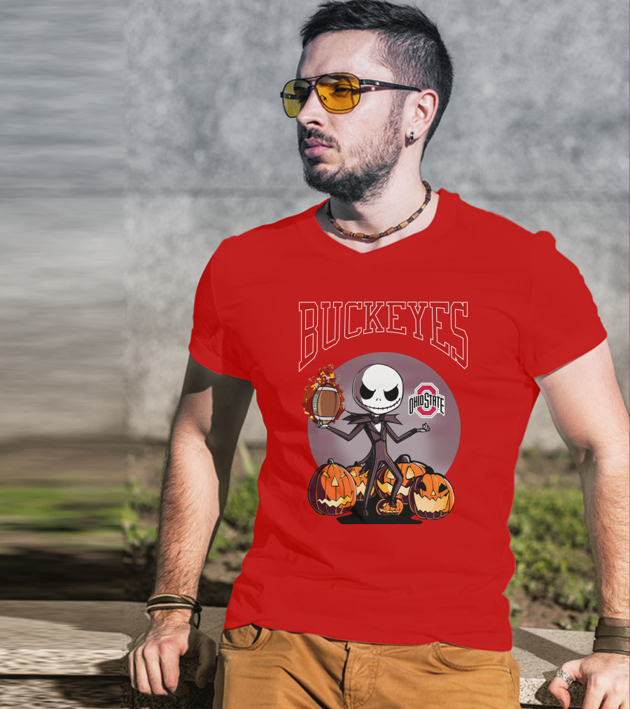 Ohio State Buckeyes Jack Skellington Halloween Football Pumpkins T-Shirt