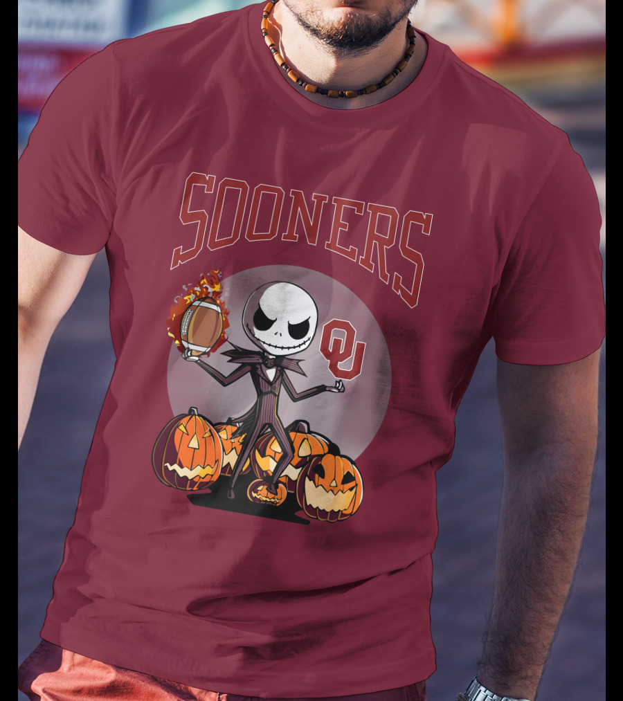 Sooners Halloween Jack Skellington OU Football Pumpkins T-Shirt