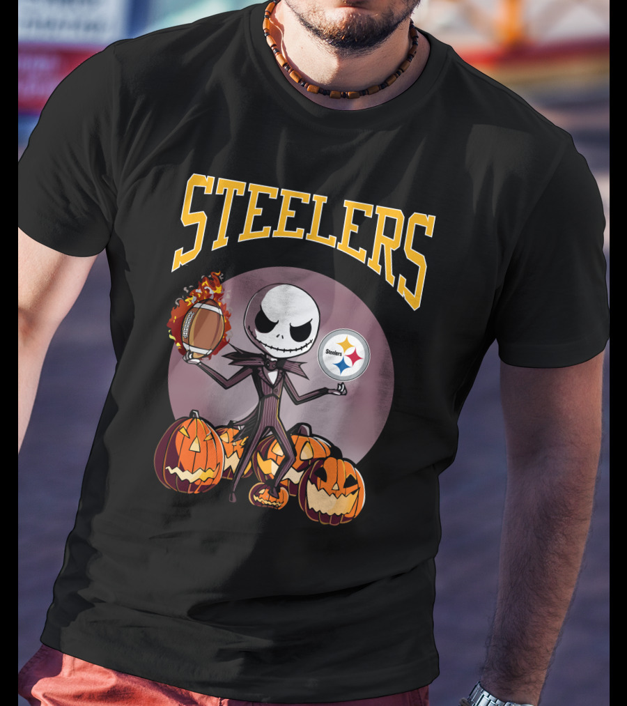 Steelers Jack Skellington Holding Football With Pumpkins And Pittsburgh Steelers T-Shirt