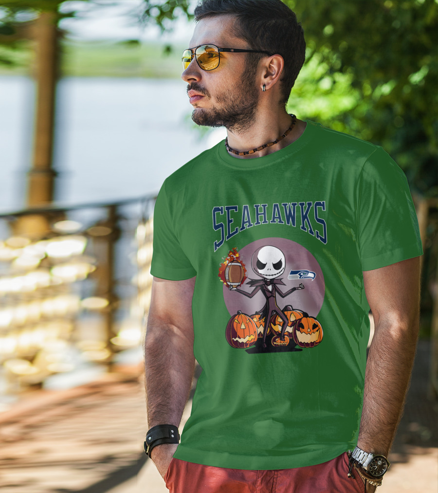 Seattle Seahawks Jack Skellington Halloween NFL Football Pumpkins T-Shirt