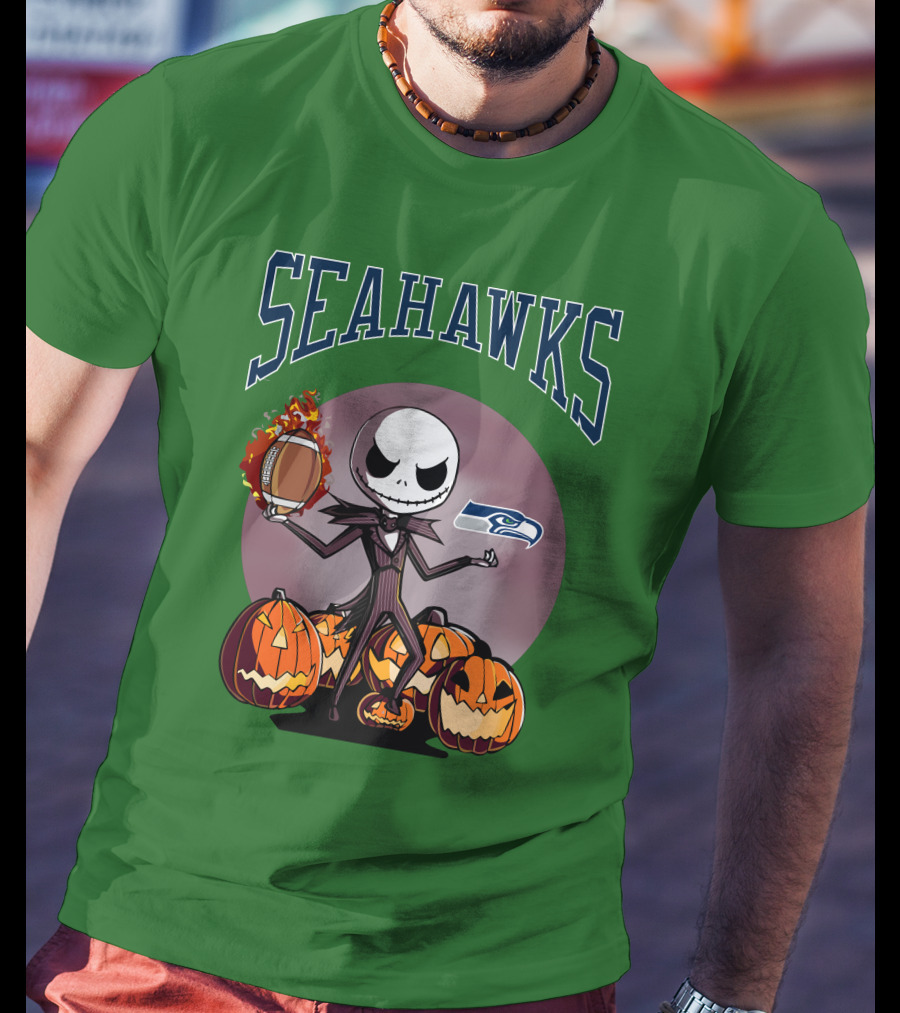 Seattle Seahawks Jack Skellington Halloween NFL Football Pumpkins T-Shirt