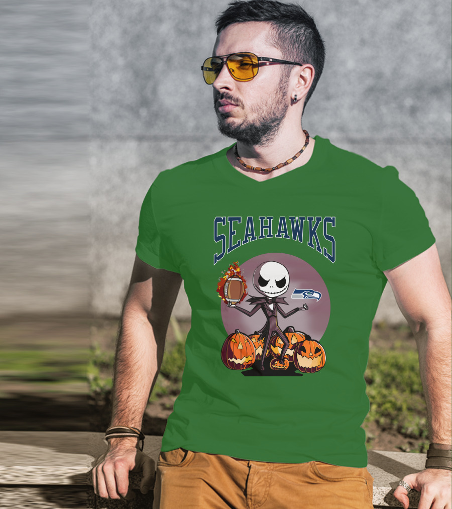 Seattle Seahawks Jack Skellington Halloween NFL Football Pumpkins T-Shirt