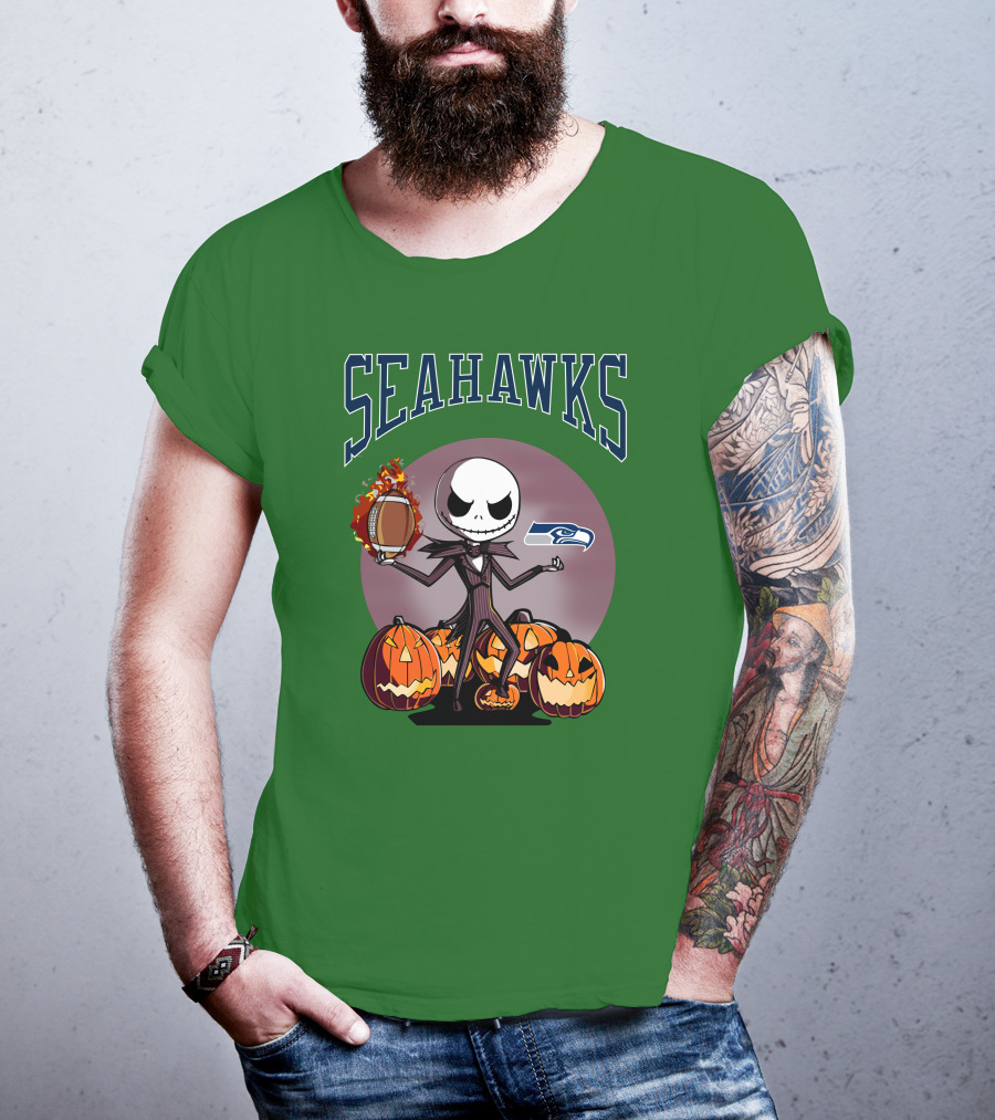 Seattle Seahawks Jack Skellington Halloween NFL Football Pumpkins T-Shirt