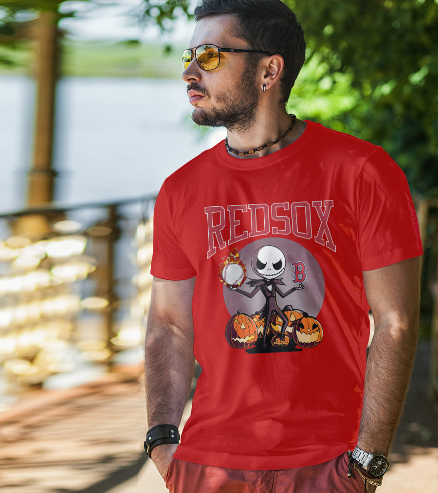 Red Sox Jack Skellington Halloween Pumpkins Baseball T-Shirt