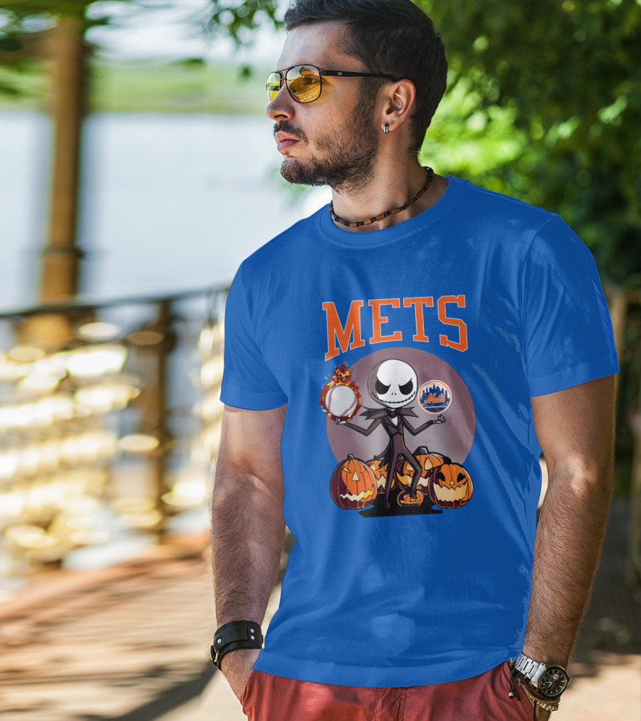 Mets Halloween With Jack Skellington And Pumpkins T-Shirt