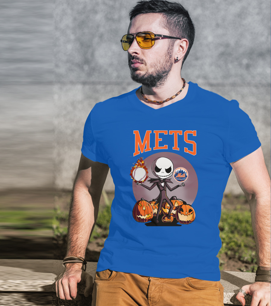 Mets Halloween With Jack Skellington And Pumpkins T-Shirt
