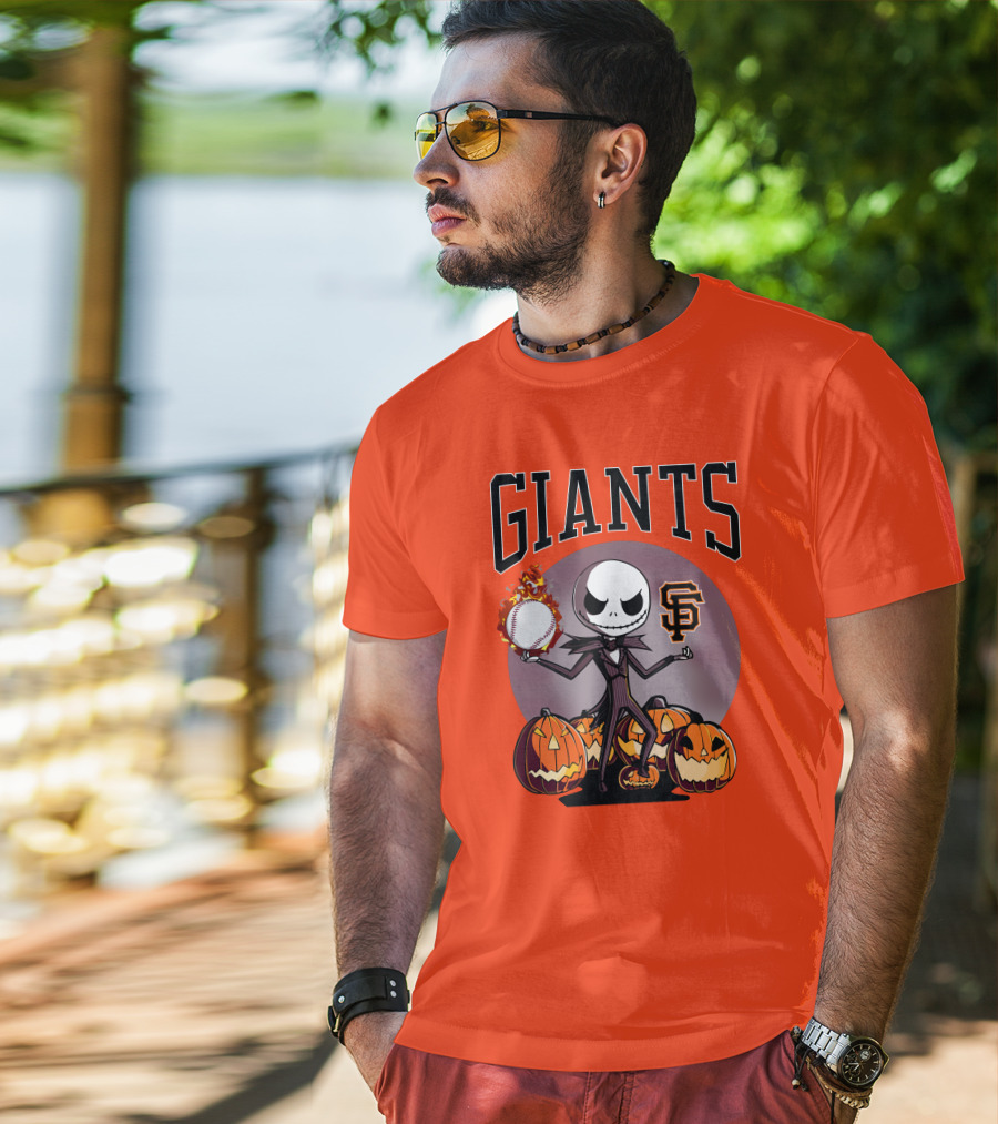 Giants Jack Skellington SF Logo Halloween Pumpkins Baseball T-Shirt